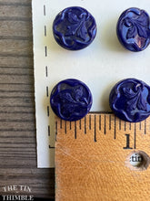 Load image into Gallery viewer, Antique Glass Buttons - 13mm Dark Blue Floral Glass Buttons - 1930s - Six