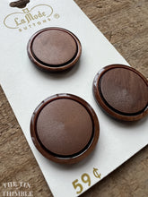 Load image into Gallery viewer, Vintage Brown Plastic Buttons - Card of 3 - 21mm (7/8 inch)- on Original La Mode Brand Card