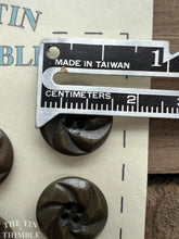 Load image into Gallery viewer, Vintage Dark Olive Green Carved Plastic Pinwheel Buttons - 15mm (5/8 Inch) - Card of 8