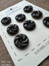 Load image into Gallery viewer, Vintage Dark Olive Green Carved Plastic Pinwheel Buttons - 15mm (5/8 Inch) - Card of 8