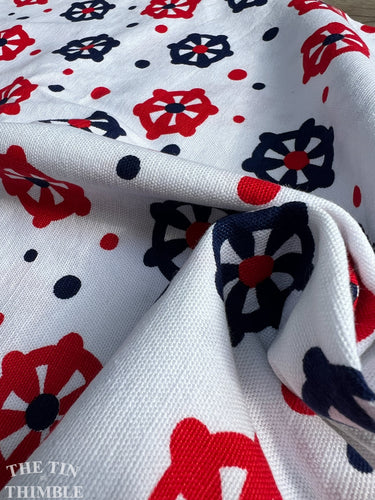 Red White Blue Printed Floral Cotton Fabric - 1 Yard - Authentic Vintage 1970s Heavy Cotton with Canvas Texure