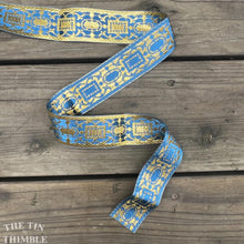 Load image into Gallery viewer, Vintage Metallic Embroidered Trim - Sold by the Half Yard - 1.5" Wide - Blue and Gold