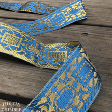 Load image into Gallery viewer, Vintage Metallic Embroidered Trim - Sold by the Half Yard - 1.5" Wide - Blue and Gold