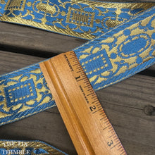 Load image into Gallery viewer, Vintage Metallic Embroidered Trim - Sold by the Half Yard - 1.5" Wide - Blue and Gold