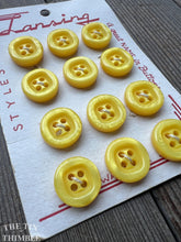Load image into Gallery viewer, Vintage Plastic Yellow Buttons - Card of 12 - On Original Card "Lansing" Brand - Four Hole - 15mm (1/2 inch)