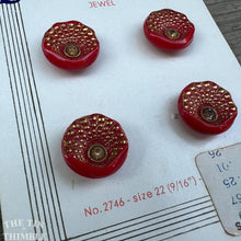 Load image into Gallery viewer, Authentic Vintage 'Exquisit' Red Glass Buttons - Card of 4 - 15mm or 5/8 Inch