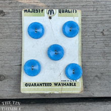 Load image into Gallery viewer, Vintage Plastic 'Majesty Quality' Blue Plastic Buttons - Card of 5 - 22mm or 1 1/8 Inch