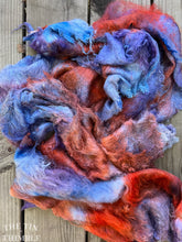 Load image into Gallery viewer, Hand Dyed Silk Mulberry Lap Fiber for Spinning or Felting in Sunrise / Blue, Purple &amp; Pink 100% Silk Laps Similar to Silk Hankies
