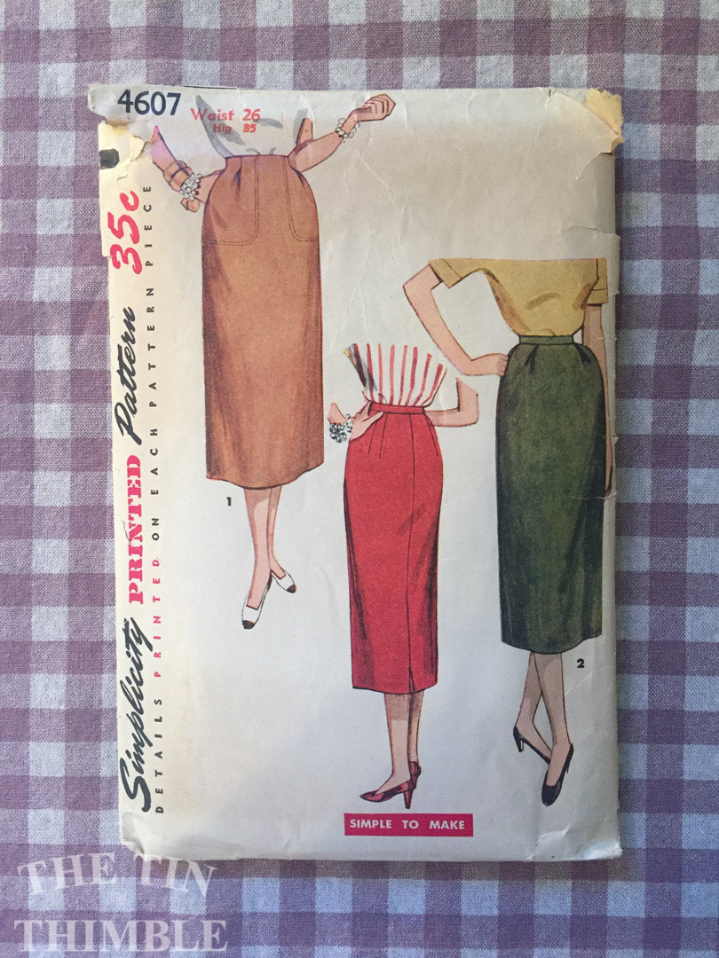 Vintage 1950's Simplicity One Yard Skirt Pattern 4607 - Waist 26 - Vintage Simplicity  / 50s Skirt Pattern / MIdi Skirt Pattern