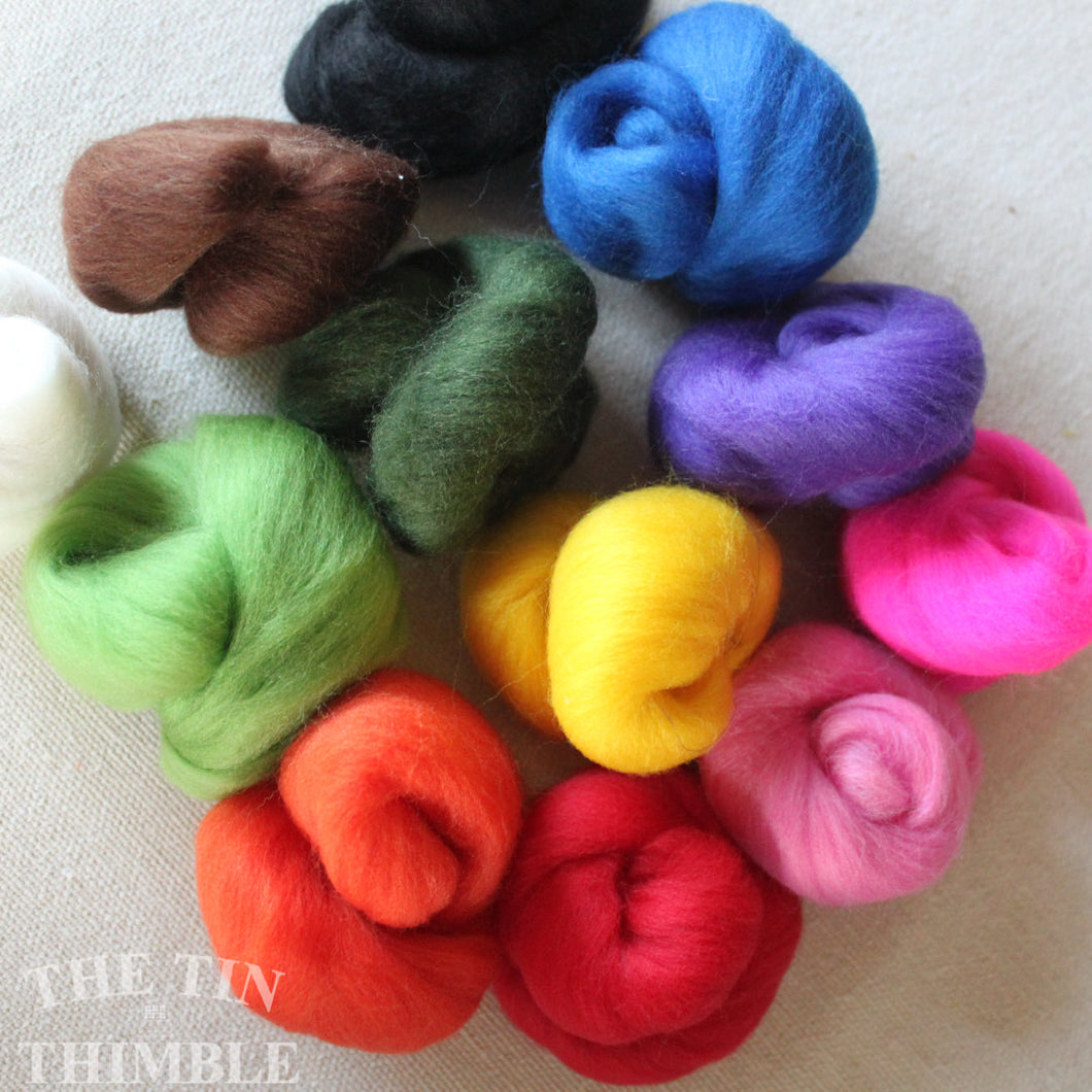 Mixed Wool Roving Pack -Small Quantities of Merino Wool Roving for Felting and Crafts - 1.5 Oz Total - Rainbow