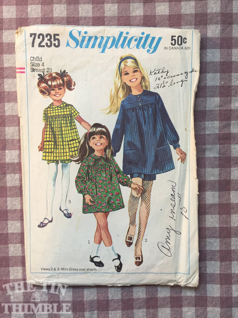 Vintage Sewing Pattern / Girls Dress Pattern / Girls Shorts Pattern / Simplicity 7235 / Size 34 Breast 23 - INCOMPLETE- 60s Dress Pattern