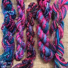 Load image into Gallery viewer, Fiber Frenzy Bundle / Mixed Bundle of Yarn in Blue Raspberry / Great for Felting / Approximately 24 Yards / 8 Strands Each 3 Yards Long
