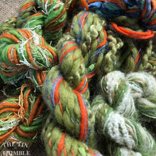 Load image into Gallery viewer, Fiber Frenzy Bundle / ONE Mixed Bundle of Yarn in Green & Orange / Great for Felting / Approximately 24 Yards / 8 Strands Each 3 Yards Long