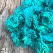Load image into Gallery viewer, Hand Dyed Throwsters Waste Silk / 1/8 Ounce of 100% Silk Threads in the color &#39;Ocean&#39;
