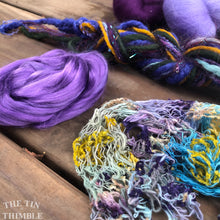 Load image into Gallery viewer, Nuno Felted Scarf Supply Kit - Pansy Purple & Green - Merino Wool Roving, Silk Chiffon Scarf, Embellishments