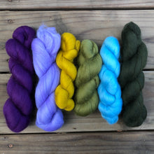 Load image into Gallery viewer, Nuno Felted Scarf Supply Kit - Pansy Purple & Green - Merino Wool Roving, Silk Chiffon Scarf, Embellishments