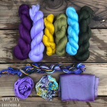 Load image into Gallery viewer, Nuno Felted Scarf Supply Kit - Pansy Purple & Green - Merino Wool Roving, Silk Chiffon Scarf, Embellishments