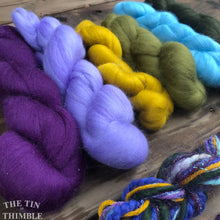 Load image into Gallery viewer, Merino Wool Roving Pack WITH EMBELLISHMENTS - Pansy Purple - Six Colors, 1 Ounce Each - High Quality Wool for Felting, Weaving and Spinning