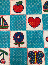 Load image into Gallery viewer, Vintage Faux Quilt Fabric - 1/2 Yard - 70s Red, White, Blue Faux Embroidered 100% Cotton Fabric
