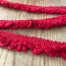 Load image into Gallery viewer, Vintage Fringe Trim - 1960s Candy Apple Red Cotton Fringe Trim by the Half Yard - 1 1/4&quot; Wide

