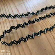 Load image into Gallery viewer, Metallic Gold and Black Rick Rack - By the Half Yard - Vintage Zig Zag Ribbon