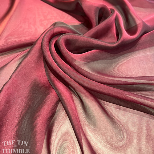 Iridescent Silk Chiffon Fabric by the Yard / Great for Nuno Felting / 54" Wide / Cranberry & Charcoal