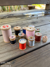 Load image into Gallery viewer, 12 Vintage and Antique Wood Thread Spools with Thread - Lot of Assorted Sizes, Brands, and Colors
