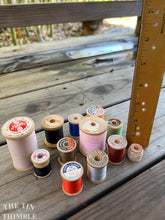 Load image into Gallery viewer, 12 Vintage and Antique Wood Thread Spools with Thread - Lot of Assorted Sizes, Brands, and Colors