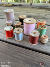Load image into Gallery viewer, 12 Vintage and Antique Wood Thread Spools with Thread - Lot of Assorted Sizes, Brands, and Colors