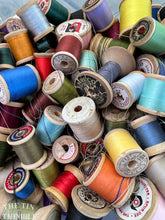 Load image into Gallery viewer, 12 Vintage and Antique Wood Thread Spools with Thread - Lot of Assorted Sizes, Brands, and Colors