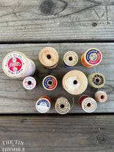 Load image into Gallery viewer, 12 Vintage and Antique Wood Thread Spools with Thread - Lot of Assorted Sizes, Brands, and Colors