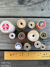Load image into Gallery viewer, 12 Vintage and Antique Wood Thread Spools with Thread - Lot of Assorted Sizes, Brands, and Colors