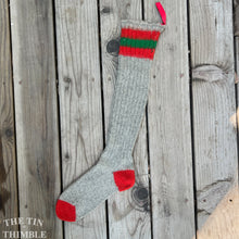 Load image into Gallery viewer, Vintage Thick Wool Stocking - Grey Red and Green with Hanging Tab - Authentic 1930s/ 1940s