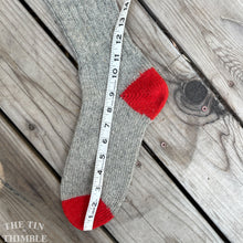 Load image into Gallery viewer, Vintage Thick Wool Stocking - Grey Red and Green with Hanging Tab - Authentic 1930s/ 1940s