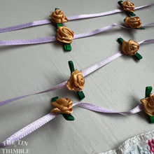 Load image into Gallery viewer, Handmade Rosette Satin Ribbon Trim - Lavender, Gold and Green Floral - 1.5 Yards