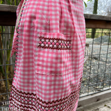 Load image into Gallery viewer, Vintage Handmade Half Apron - Gingham Ric Rack Cross Stitch Pink and White 1950s Hostess Apron