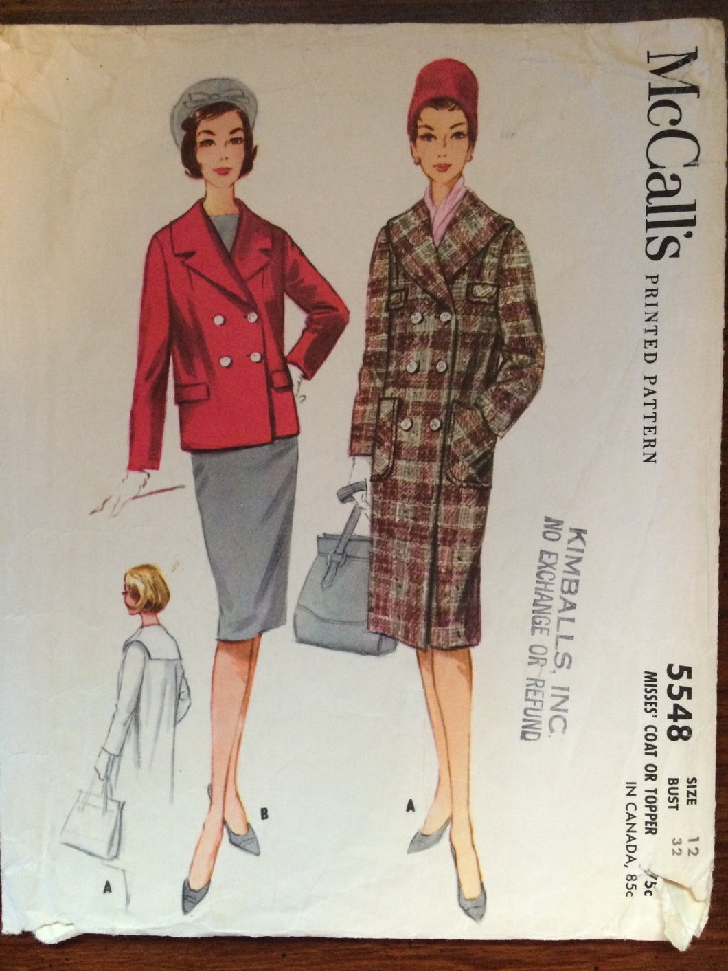Vintage 1960 McCall's Coat Pattern #5548 Size 12, Bust 32  Vintage McCall's Pattern / 60s McCall's / Sewing Pattern /