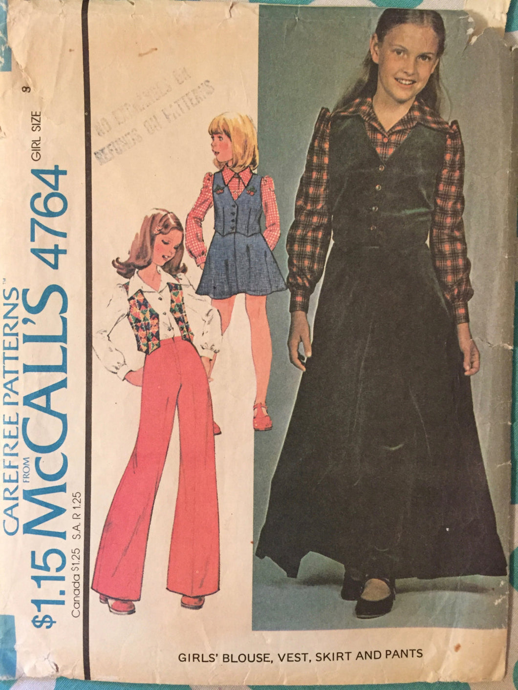 Vintage Sewing Pattern / McCall's 4764 / Girl's Vest / Girl's Blouse / Girl's Skirt / Girl's Pants / Size 8 Bust 27 / 1970s McCall's