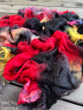 Load image into Gallery viewer, Hand Dyed Silk Mulberry Lap Fiber for Spinning or Felting in 'Drama' / Red, Charcoal & Yellow 100% Silk Laps Similar to Silk Hankies