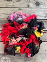 Load image into Gallery viewer, Hand Dyed Silk Mulberry Lap Fiber for Spinning or Felting in 'Drama' / Red, Charcoal & Yellow 100% Silk Laps Similar to Silk Hankies