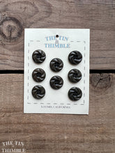Load image into Gallery viewer, Vintage Dark Olive Green Carved Plastic Pinwheel Buttons - 15mm (5/8 Inch) - Card of 8
