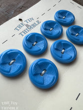 Load image into Gallery viewer, Vintage Blue Plastic Buttons - 21mm (7/8 Inch) - Set of 7 - Pinwheel Carved Blue Buttons
