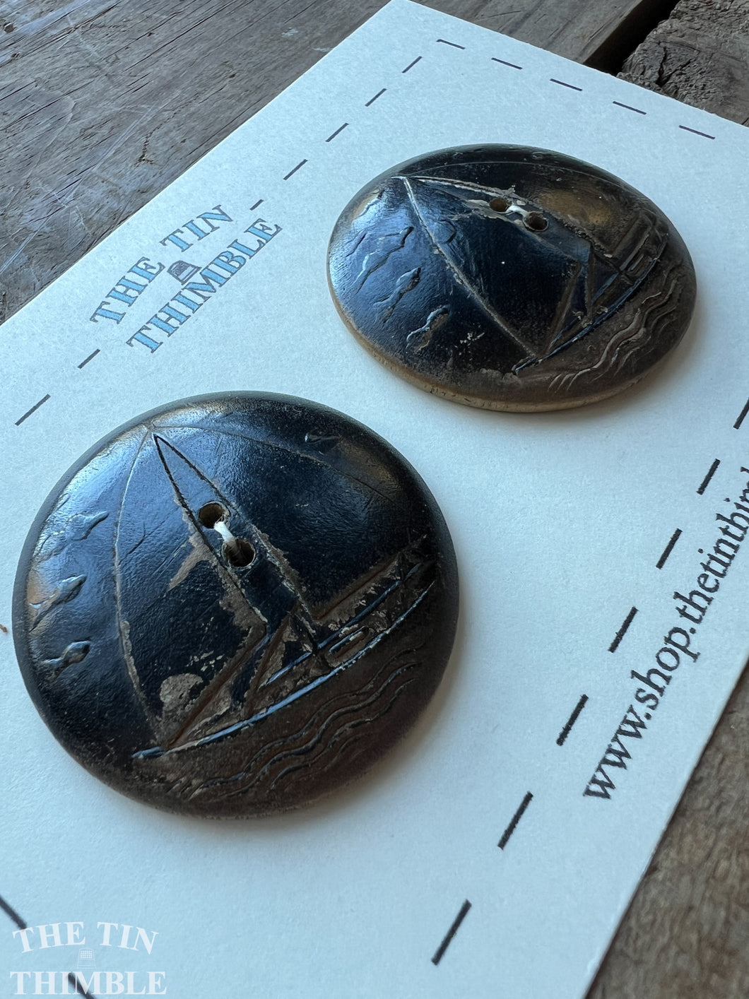Vintage Wood Sailboat Buttons - Set of 2 Carved Wood Buttons - 43mm (1 3/4 Inch)