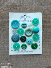 Load image into Gallery viewer, Vintage Green and Blue Plastic Buttons - Mixed Lot - Card of 15 - Coordinating Vintage  Buttons

