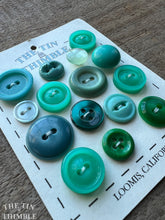 Load image into Gallery viewer, Vintage Green and Blue Plastic Buttons - Mixed Lot - Card of 15 - Coordinating Vintage  Buttons
