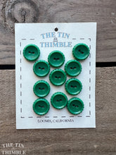 Load image into Gallery viewer, Vintage Green Plastic Shirt Buttons - Card of 11 - 15mm Emerald Green Buttons with Detailed Edge
