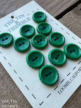 Load image into Gallery viewer, Vintage Green Plastic Shirt Buttons - Card of 11 - 15mm Emerald Green Buttons with Detailed Edge

