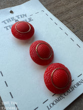 Load image into Gallery viewer, Authentic Vintage Red with Gold Trim Molded Glass Buttons - Card of Four or Three - 19mm or 23mm
