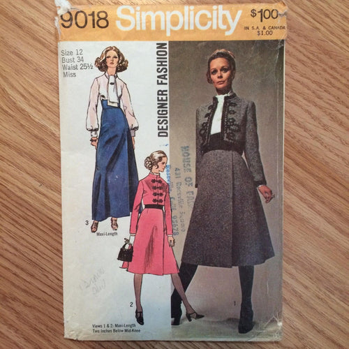 Vintage 1970's Simplicity #9018 Dress Sewing Pattern Size 12, Bust 34