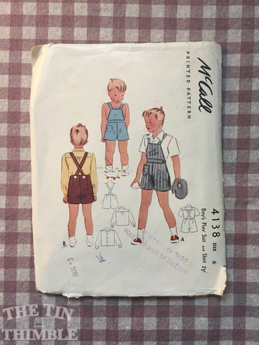 Boys Overalls Pattern / McCall 4138 / Vintage Sewing Pattern / Size 6 Chest 24 / Boys Coverall / 40s McCall / Boys Playsuit / Boys Dungarees